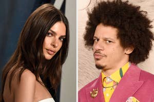 Emily Ratajkowski looks over her shoulder with her head titled as she poses for a photo vs Eric André makes a funny face as a photographer takes his picture