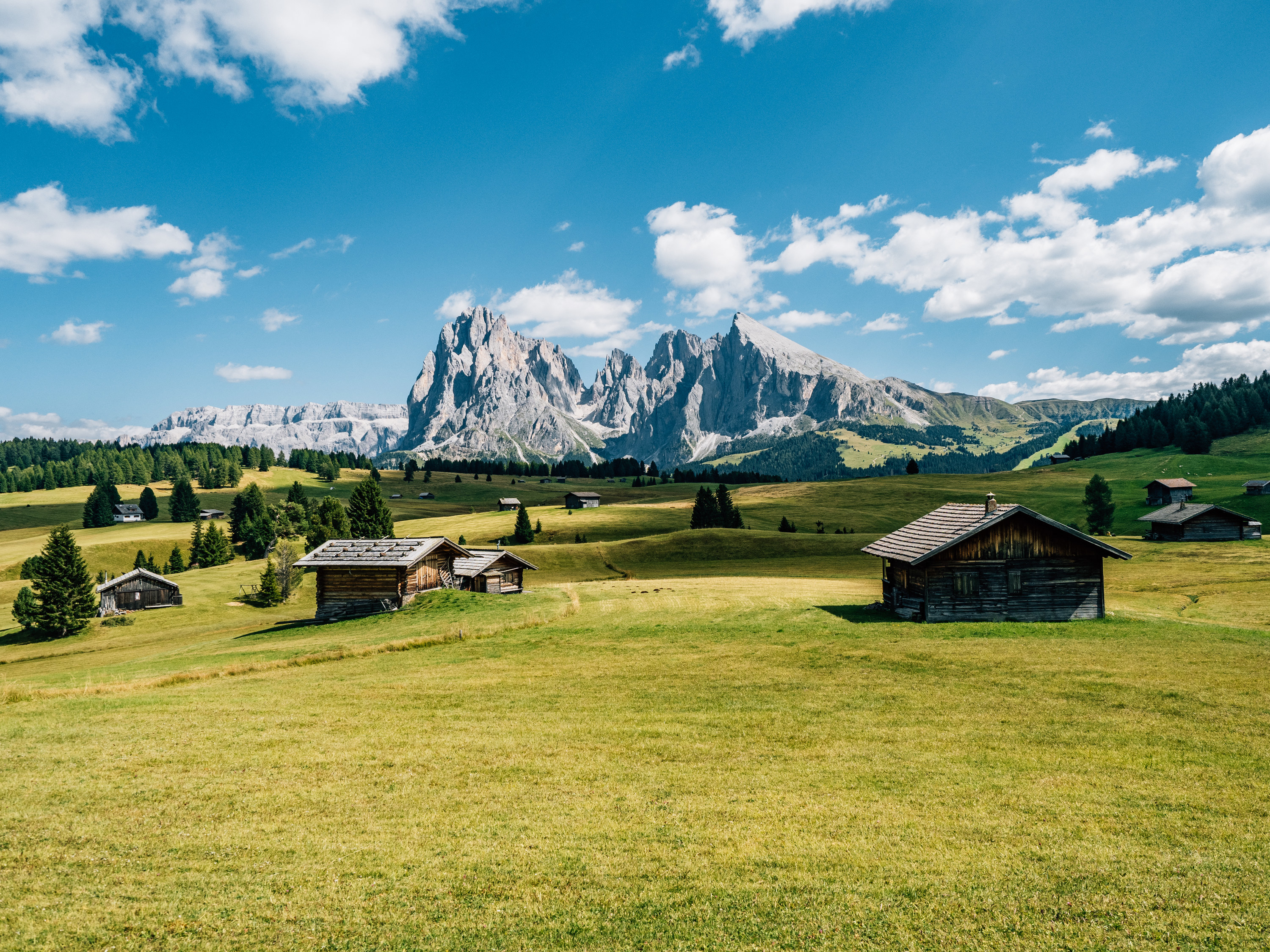 Seiser Alm view during a sunny day; Italian Dolomites landscape.