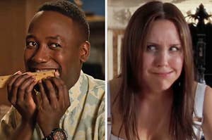 On the left, Winston from New Girl measuring his smile with a ruler, and on the right, Amanda Bynes chewing and looking off to the side, shiftily, as Viola in She's the Man