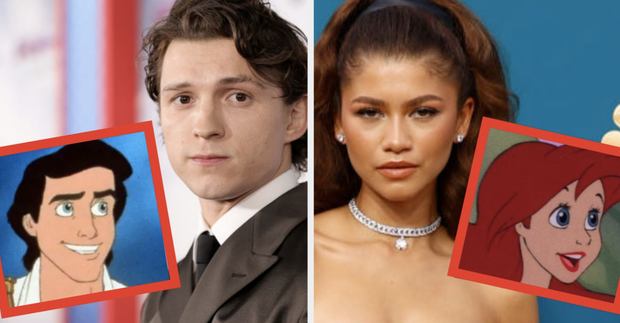 two images: on the left, tom holland and a small picture of animated prince eric next to him; on the right is zendaya with a small image of animated ariel next to her