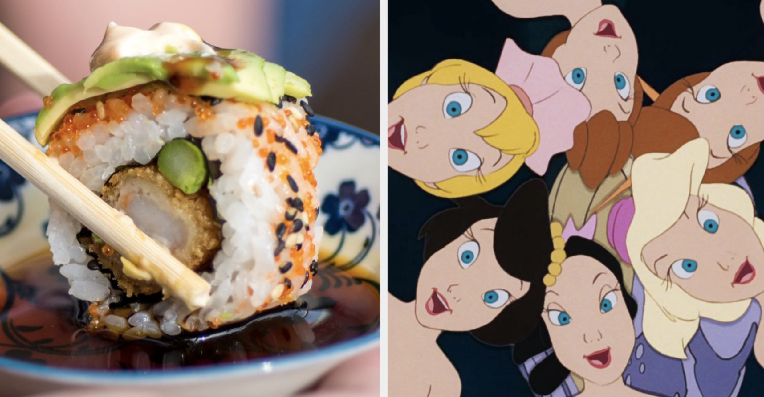 two images: on the left is a piece of sushi, on the right is an image of the animated versions of the little mermaid&#x27;s sisters