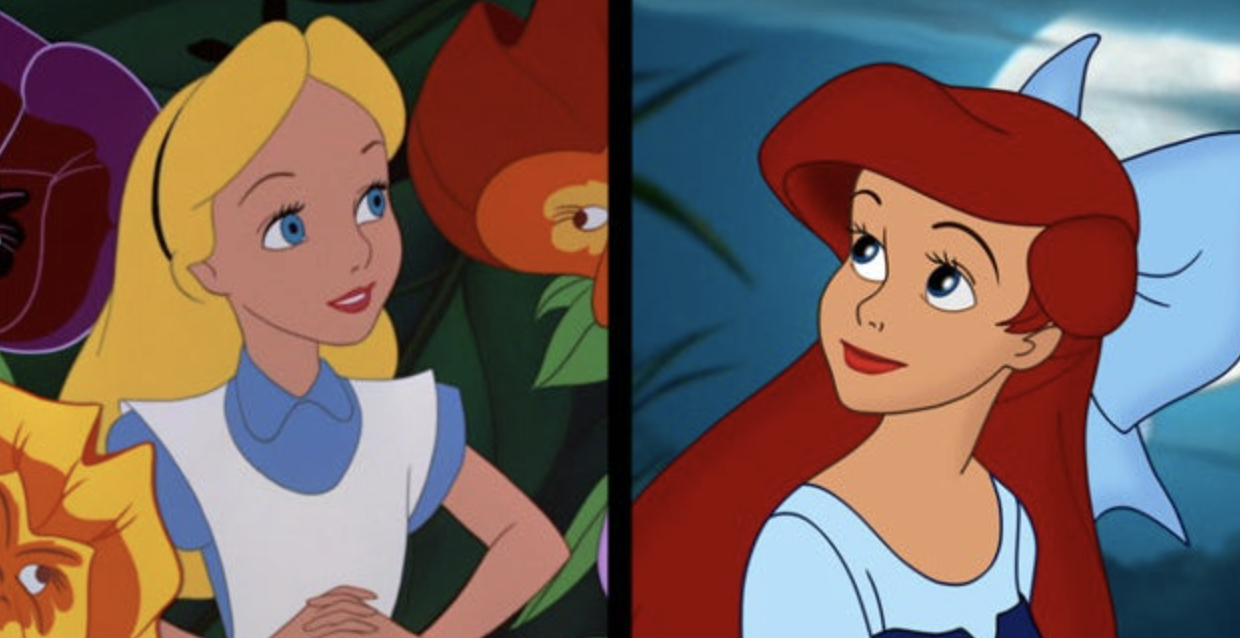 two images: on the left is animated alice in wonderland, on the right is animated ariel