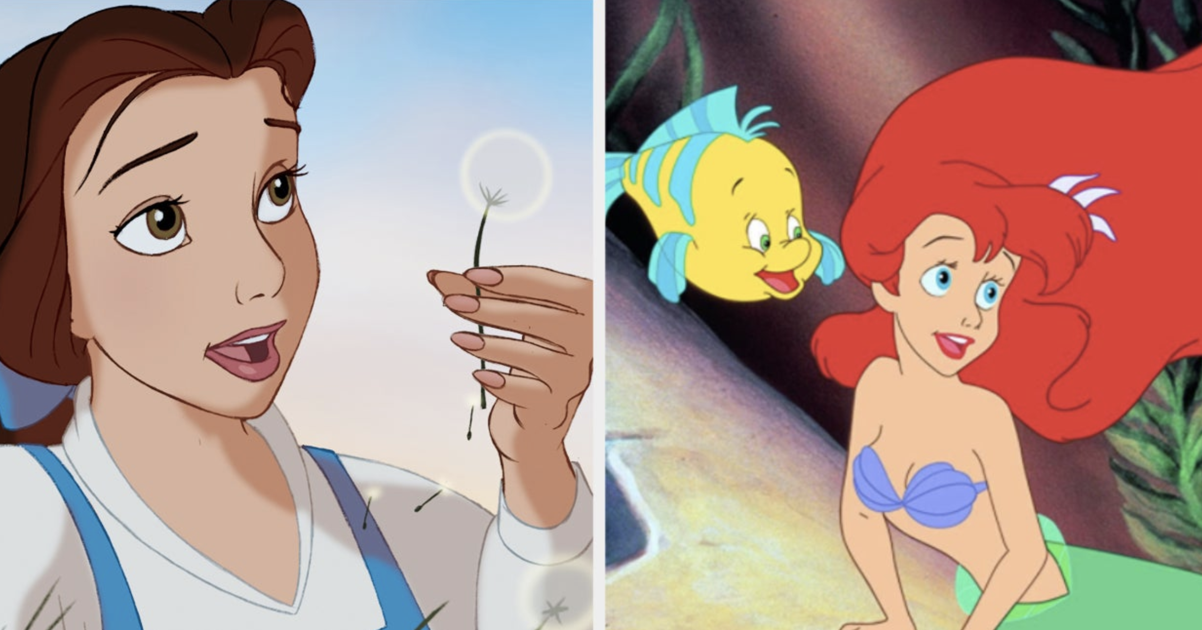 two images: on the left is animated belle holding a wish flower, on the right is animated ariel and flounder