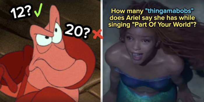two images: on the left, sebastian from the animated &quot;little mermaid&quot; with furrowed brows and mouth in a line; on the right is halle bailey from the new live-action little mermaid, singing and looking at the sky