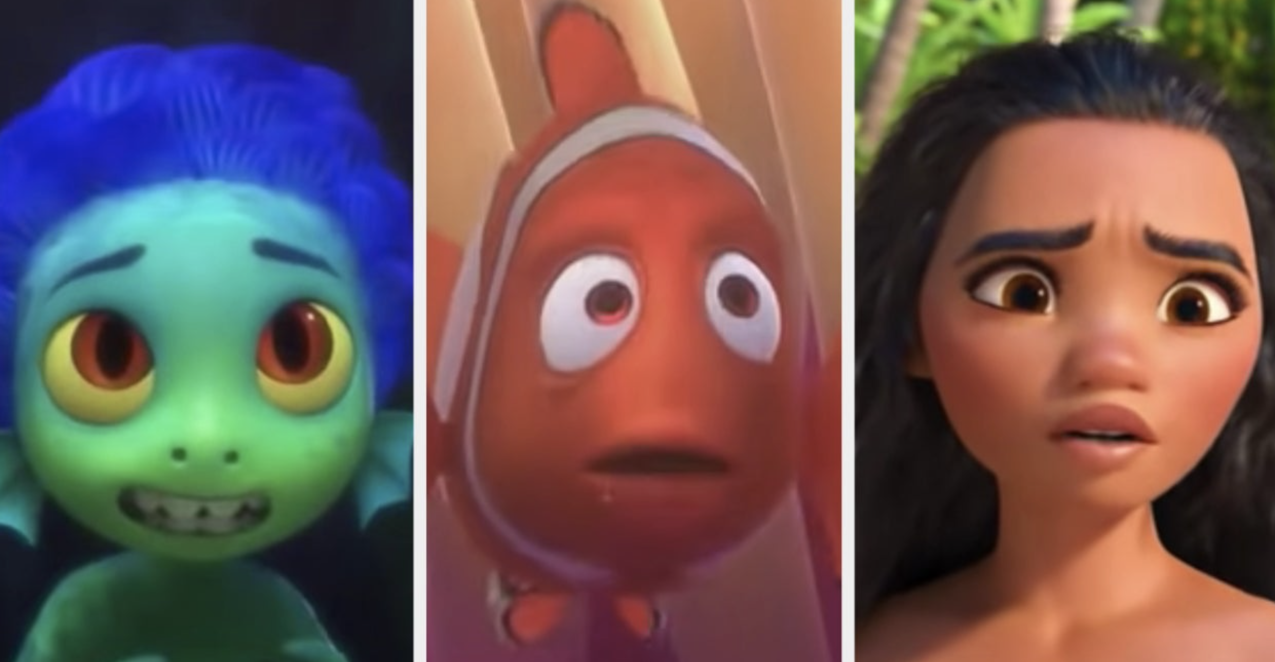 three images: from left to right, luca, marlin, and moana