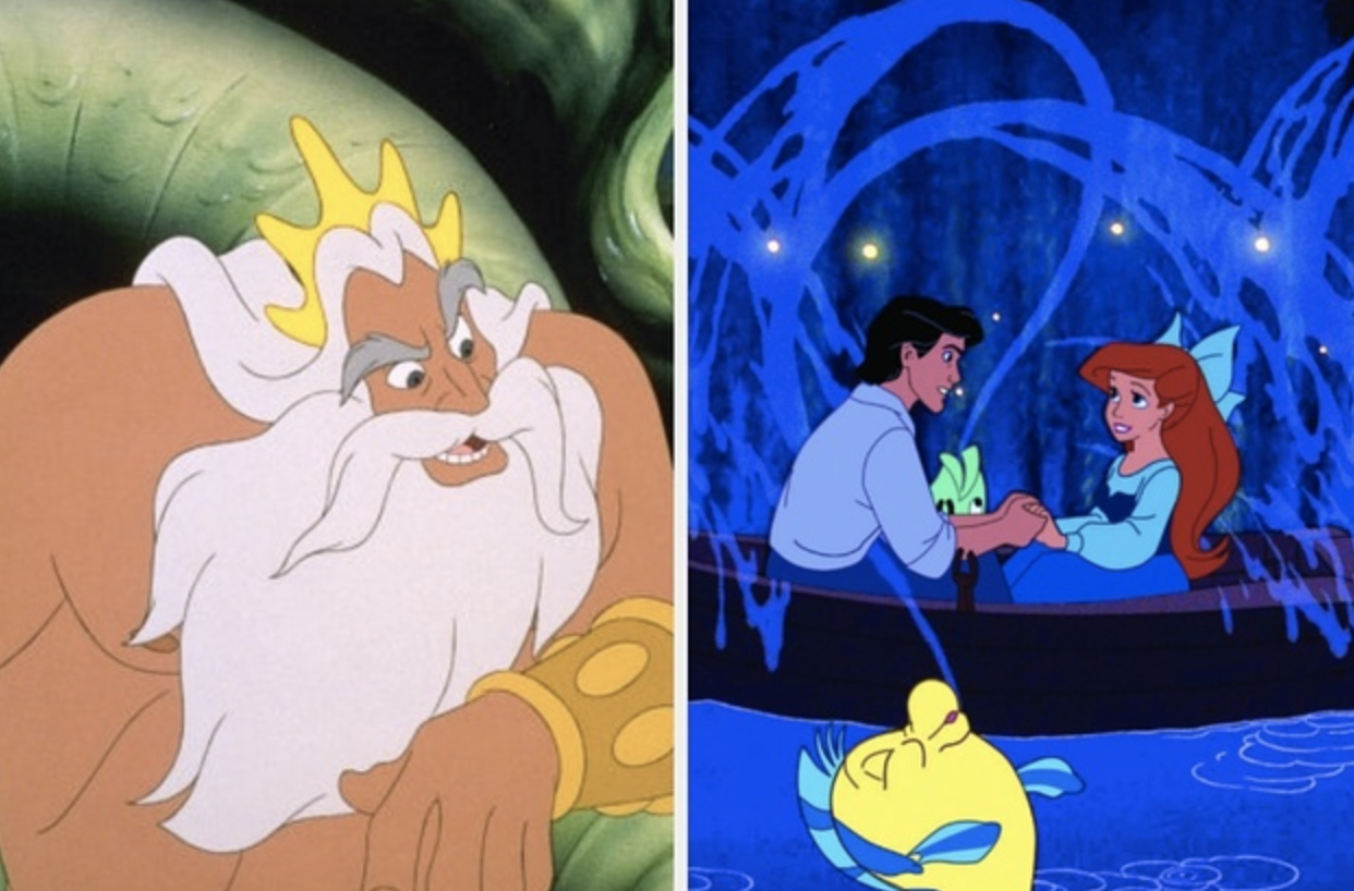 two images: on the left is animated king triton, leaning forward with furrowed brows; on the right is prince eric and ariel in a canoe