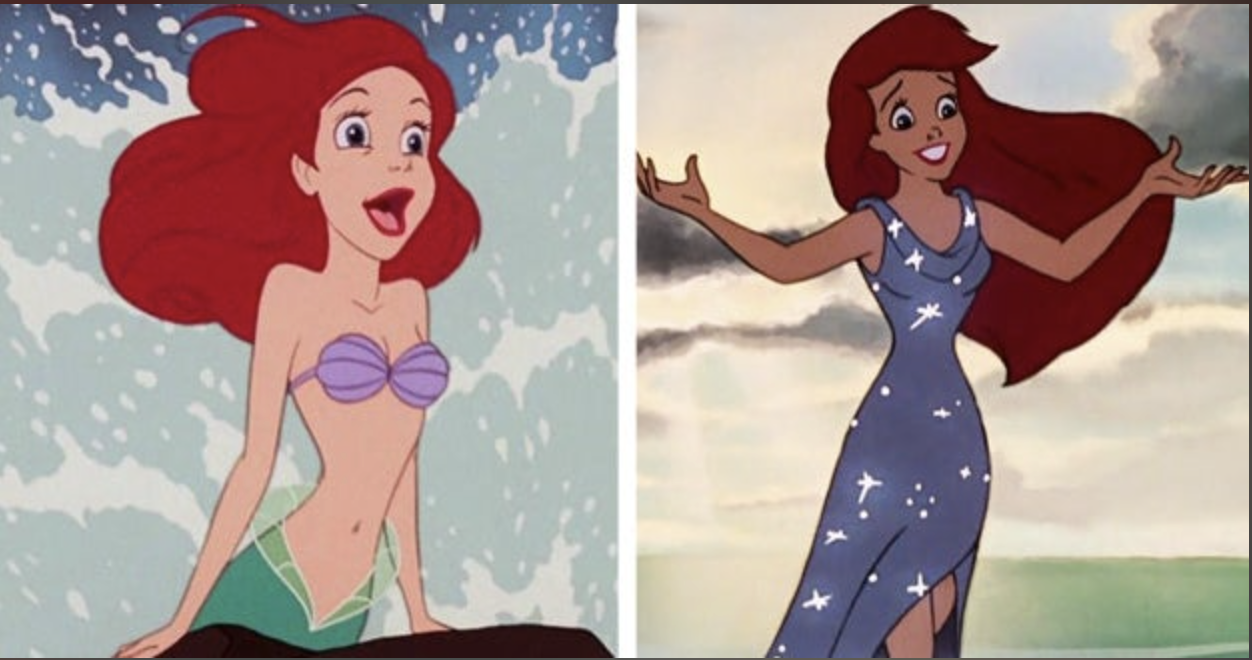 two separate images of animated ariel, one where she&#x27;s a mermaid and one where she has legs and wears a sparkly dress
