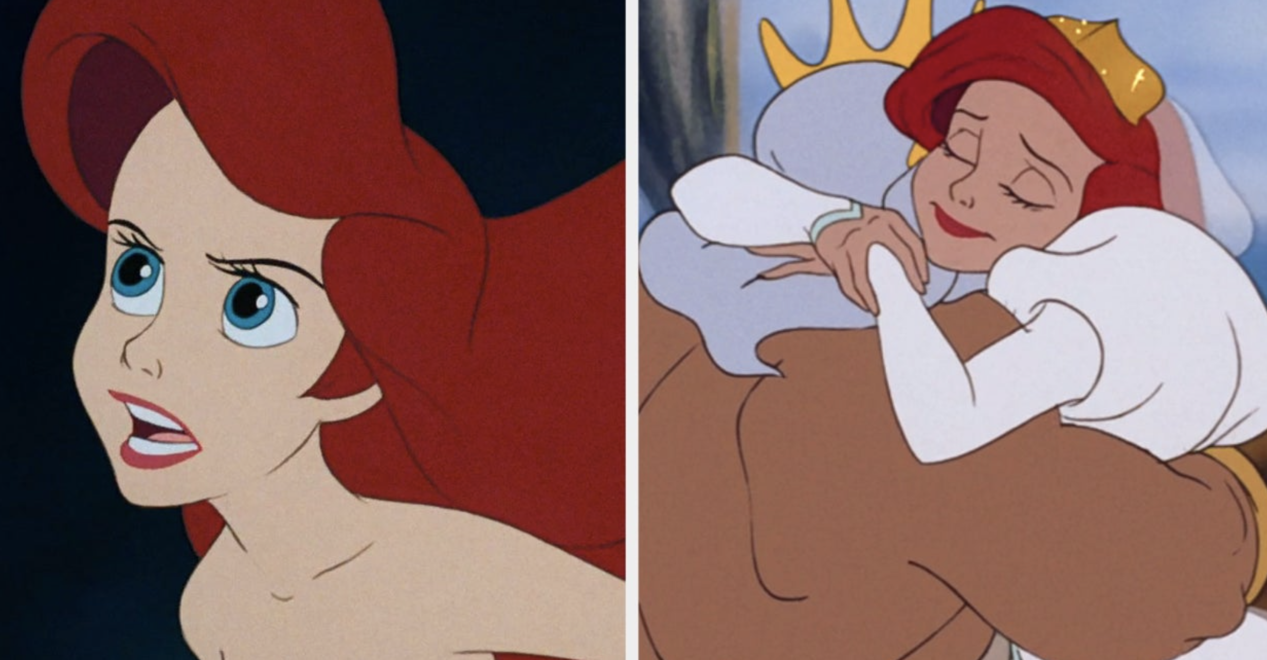 two images: on the left is animated ariel, on the right is animated king triton