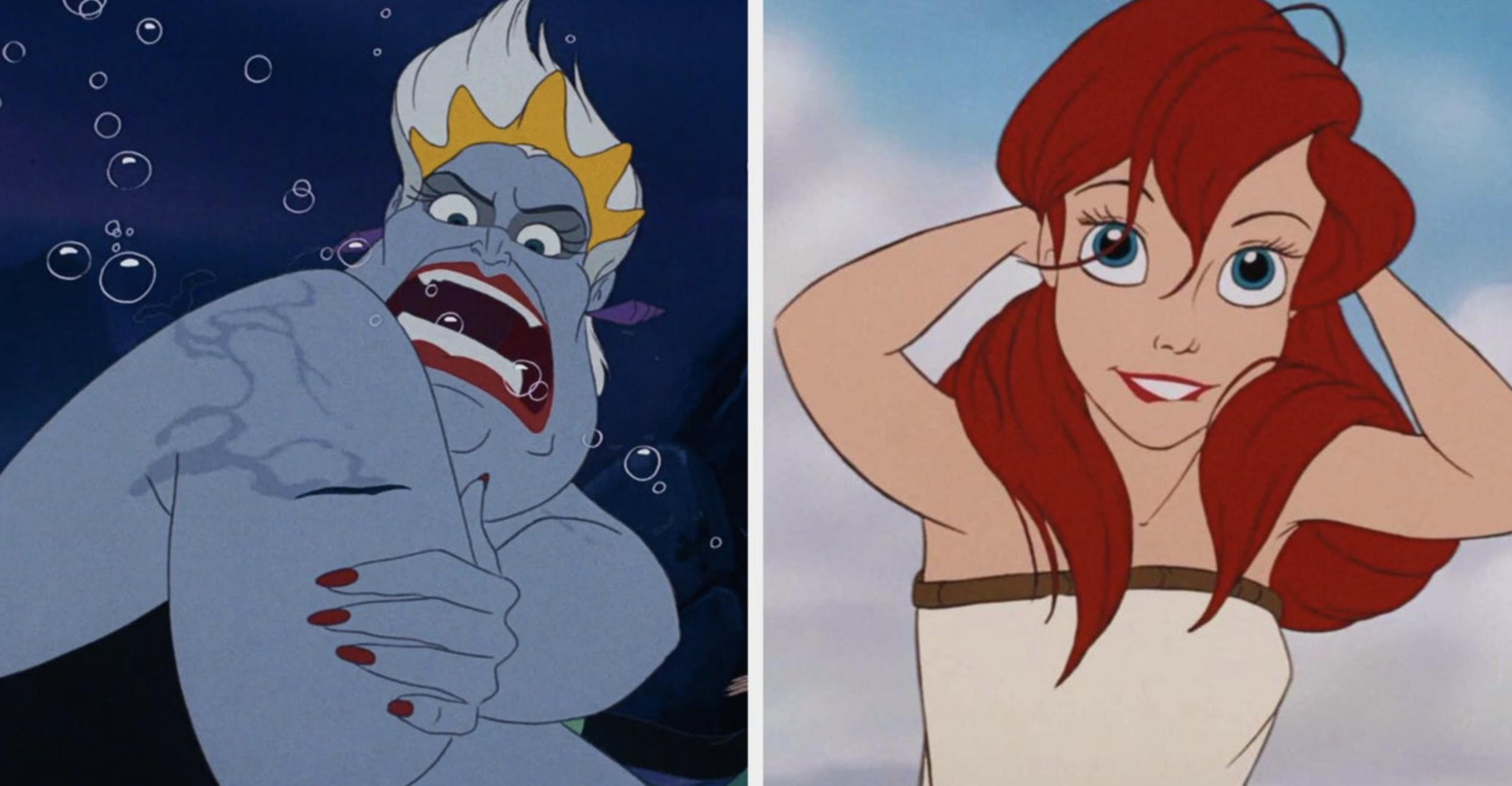 two images: on the left is animated ursula, on the right is animated ariel