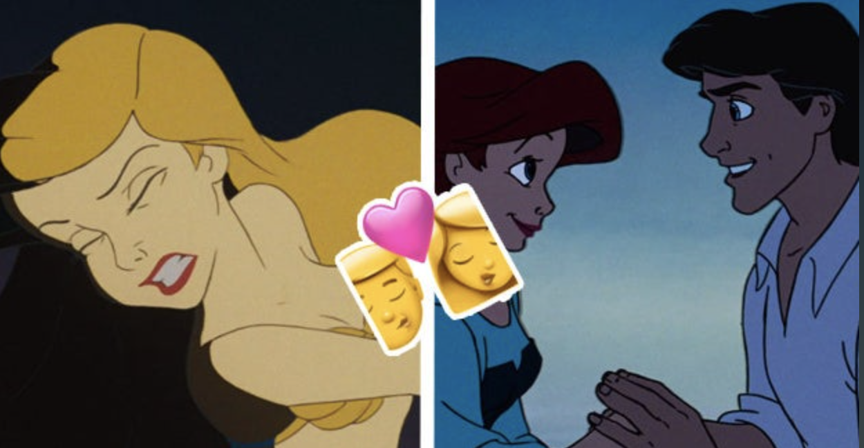 two separate images: on the left is animated ariel, closing her eyes and gritting her teeth; on the right is animated ariel and eric about to kiss