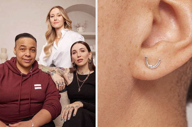 three people sitting on a couch, and a closeup of a person's ear wearing the earring