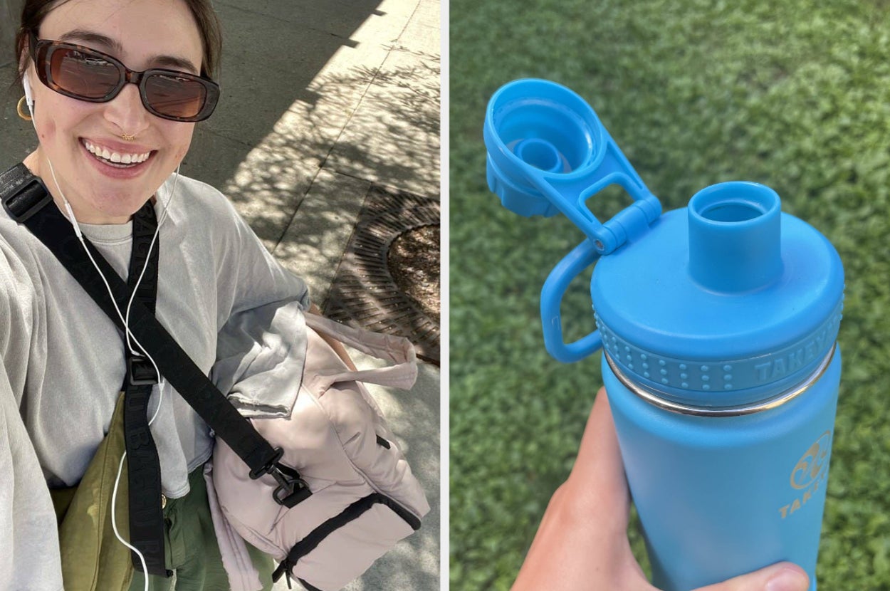 on the left a blush calpak luka duffel, on the right a blue takeya actives water bottle with a screw half straw top