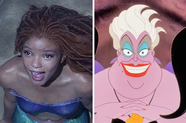 two images: on the left is halle bailey as the little mermaid live action, on the right is animated ursula
