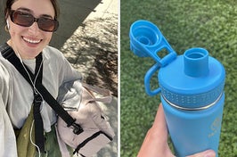 on the left a blush calpak luka duffel, on the right a blue takeya actives water bottle with a screw half straw top