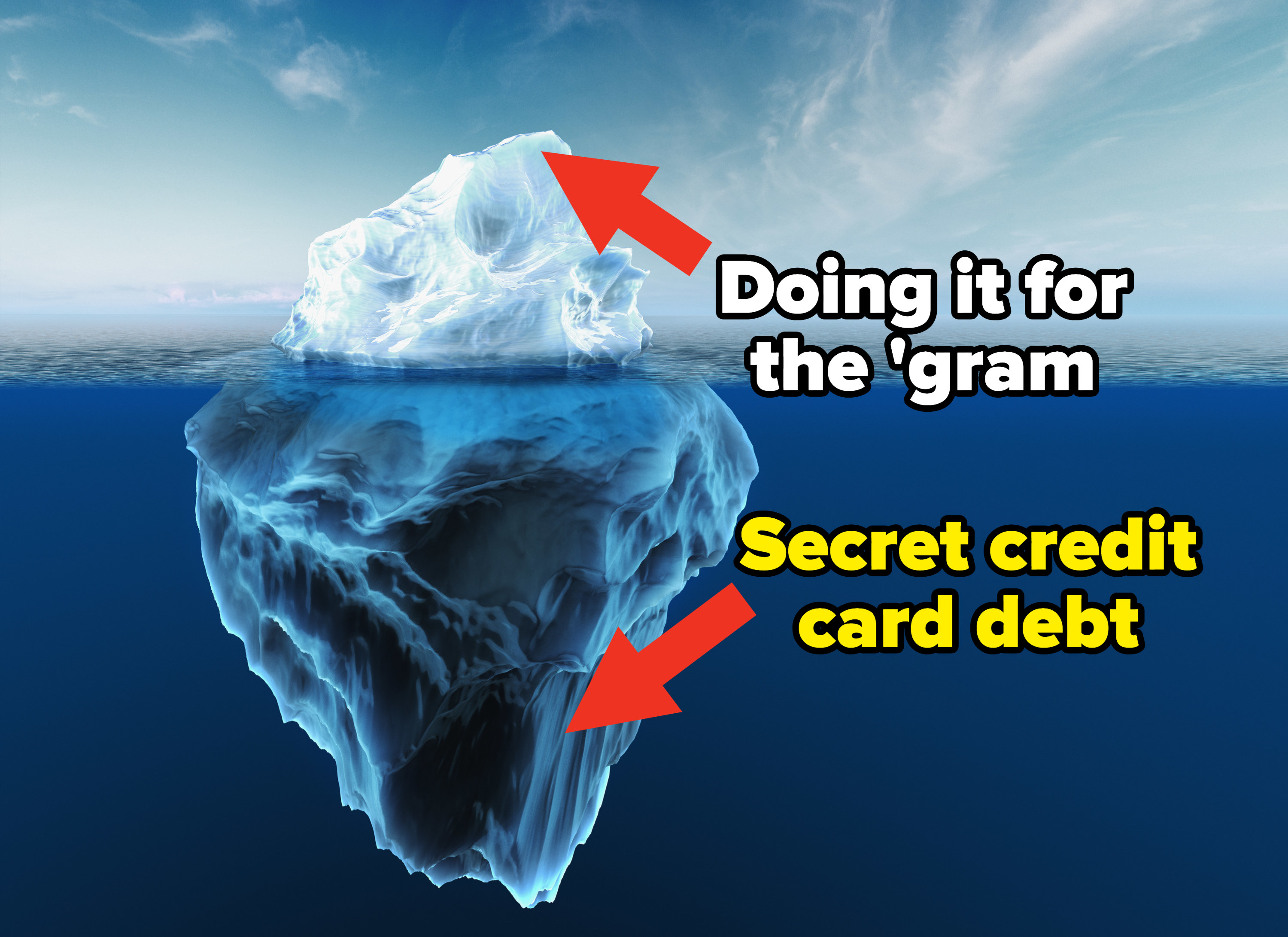 iceberg with the top labeled doing it for the gram and the underwater part labeled secret credit card debt