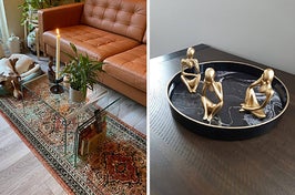 L: s-shaped acrylic nightstand on its side being used as a coffee table R: three brass abstract statuettes