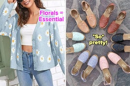 model wearing a light blue sweater with daisies on it with text: florals = essential / colorful espadrille sandals arranged in a circle with text: *so* pretty!