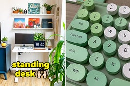 white standing desk; green mechanical keyboard