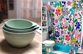 kitchen bowls and shower curtain 