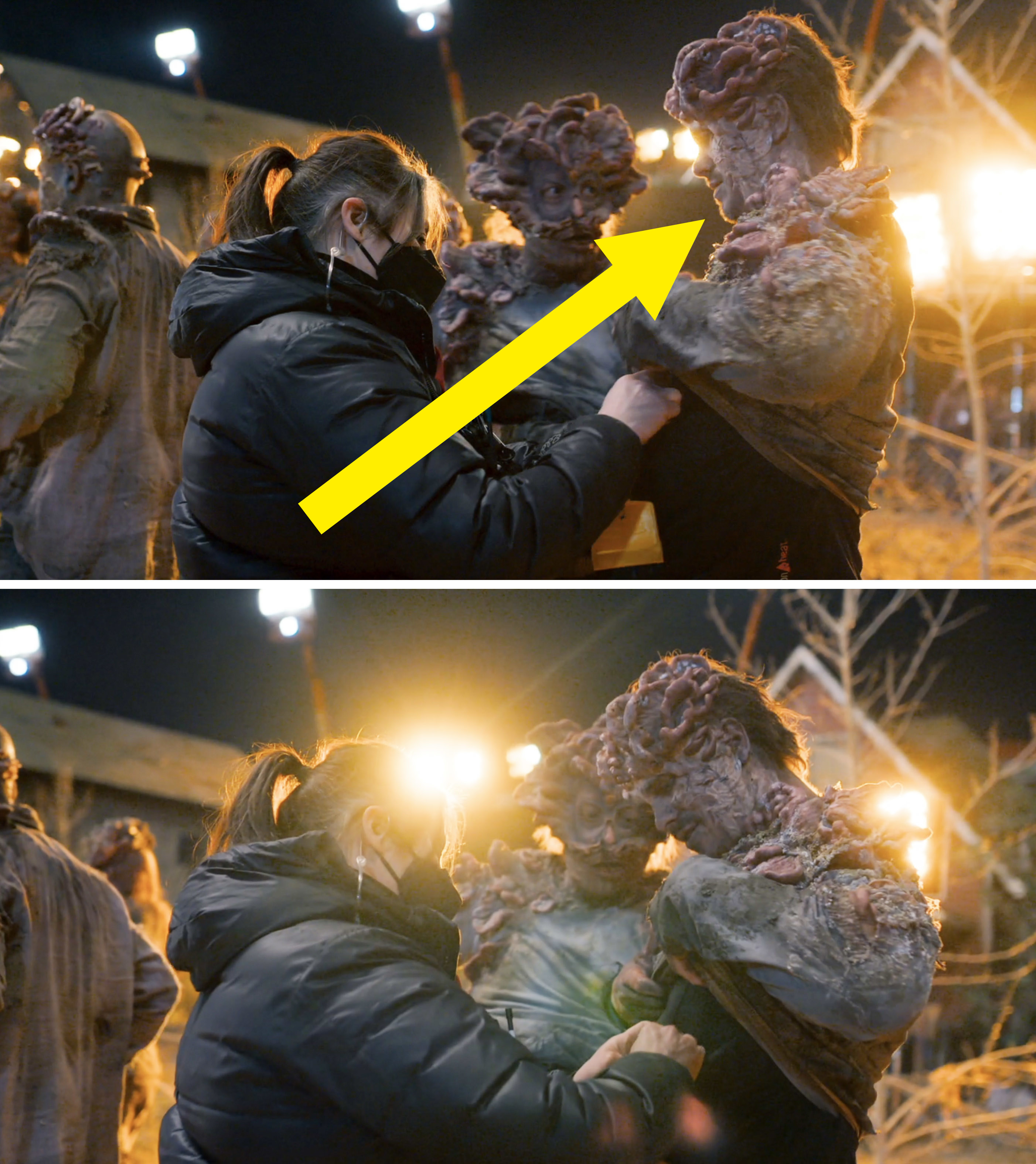 Arrow pointing to Jason in clicker makeup being prepared for a scene