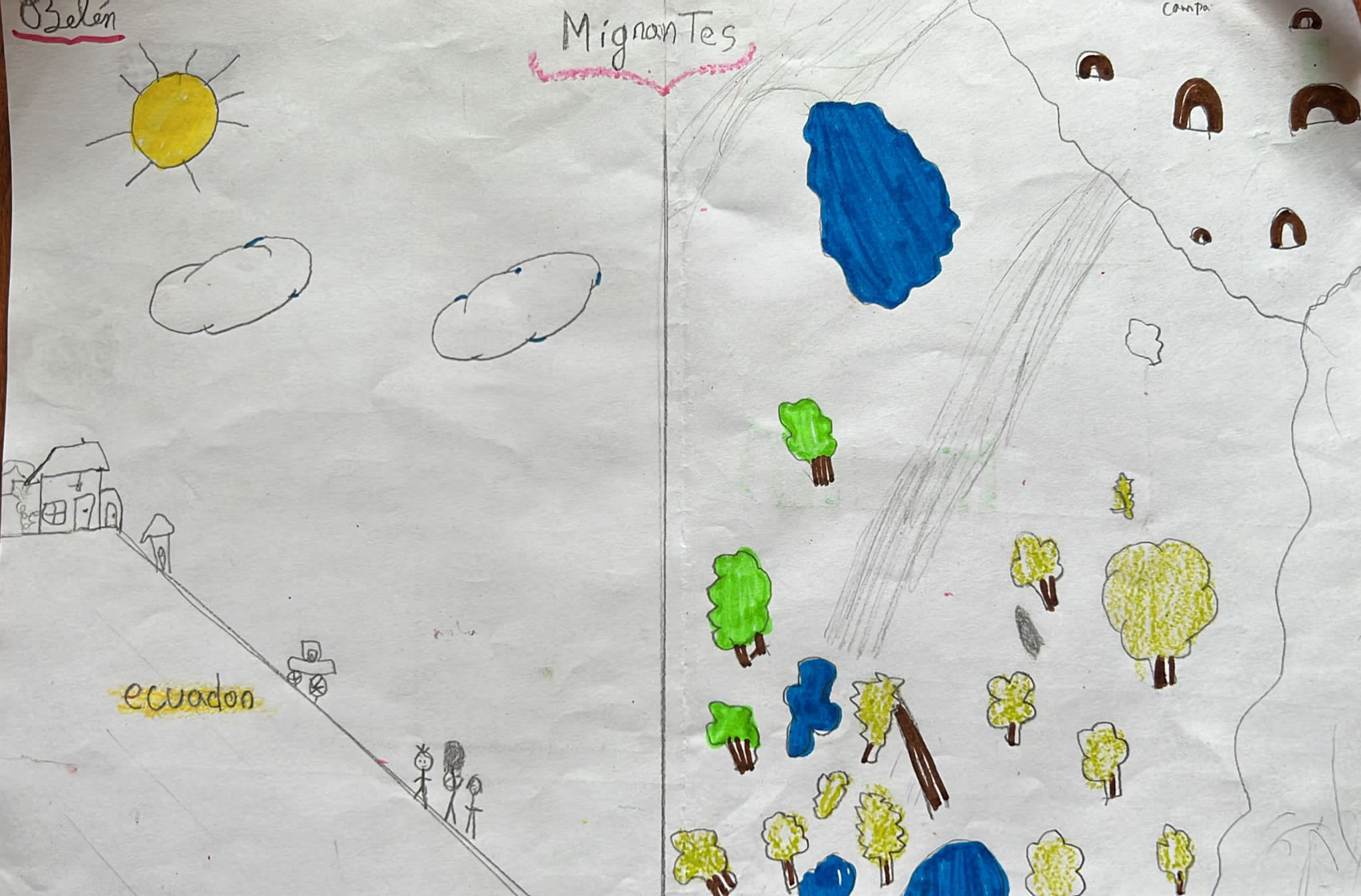 A child&#x27;s drawing showing their journey from Ecuador to the US border