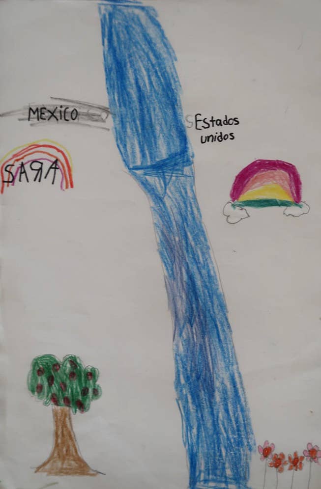 A child&#x27;s drawing of the US–Mexico border shows rainbows on both sides