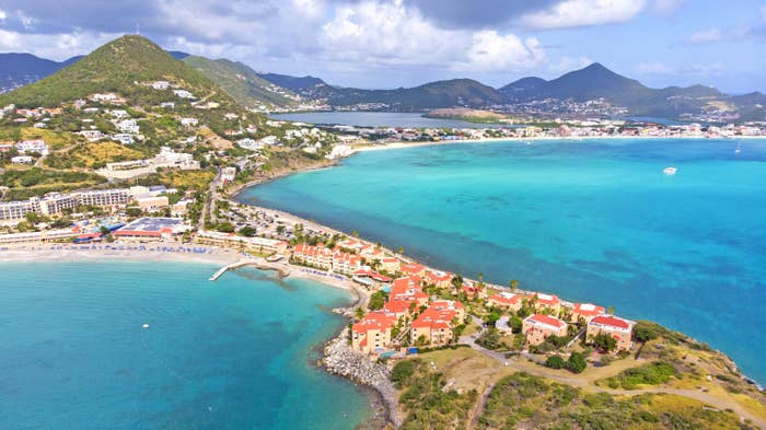 Aerial view of Islands of St. Maarten with Philipsburg, capital city of Dutch part of the island