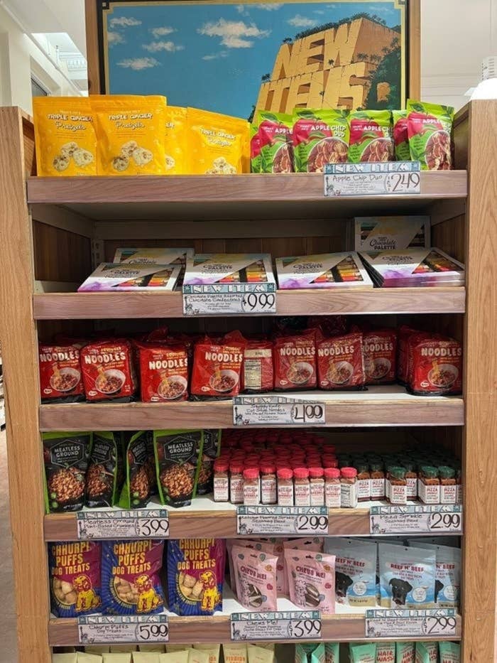 A shelf of new items at Trader Joe's.