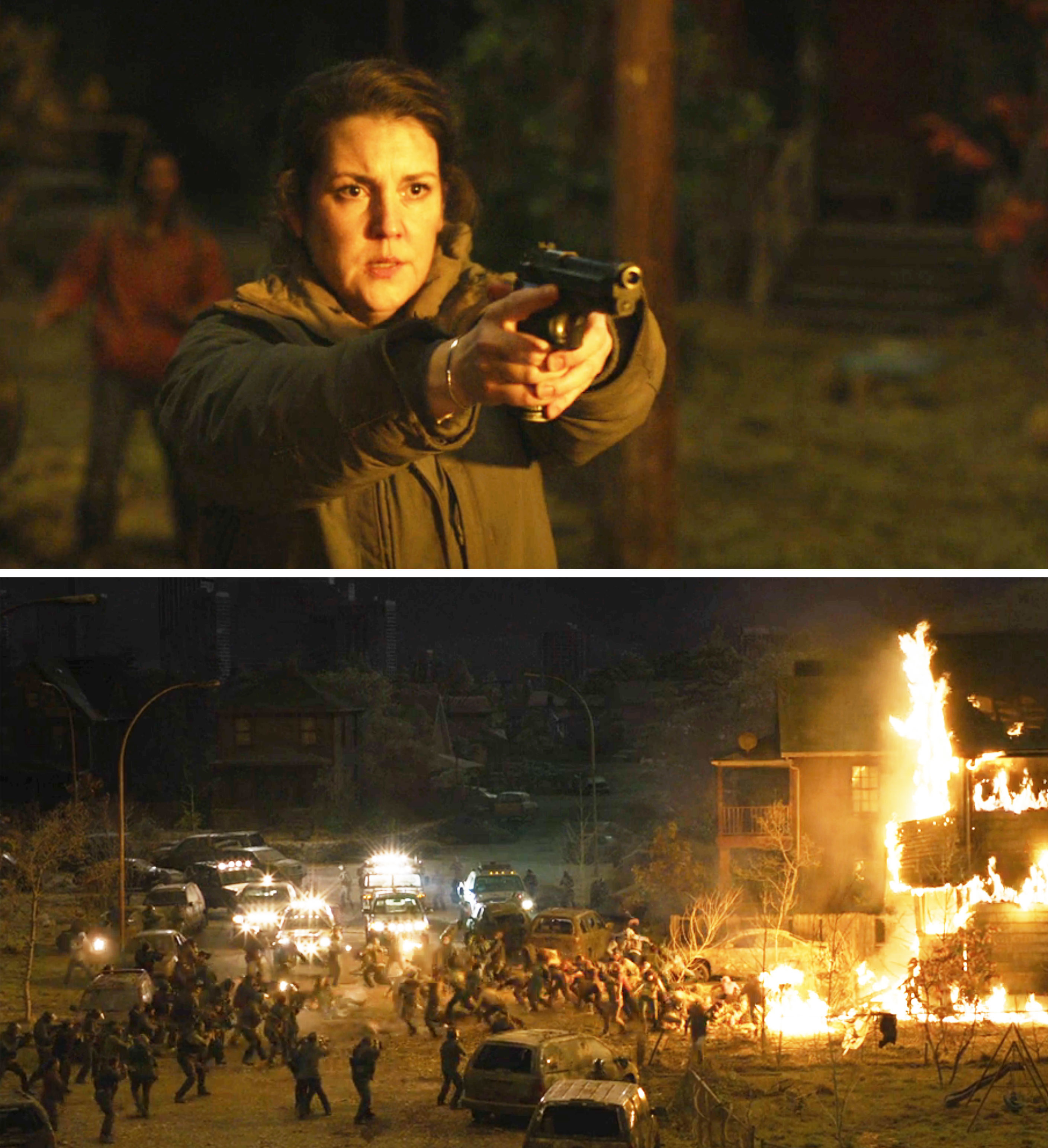 Kathleen holding up a gun amid a scene of chaos and flames