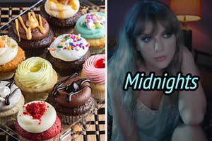 On the left, various cupcakes, and on the right, Taylor Swift in the Lavender Haze music video labeled Midnights