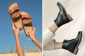 on left, model holding light brown pair of Birkenstock sandals. on right, model wearing lace-up black combat boots
