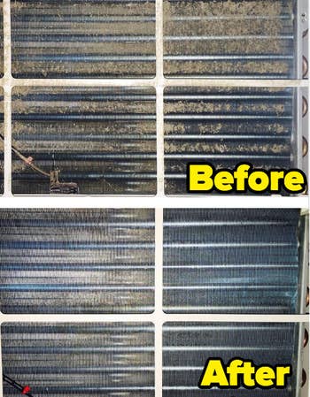 reviewer before and after photos showing dirty air conditioner coils above and the coils looking much cleaner below
