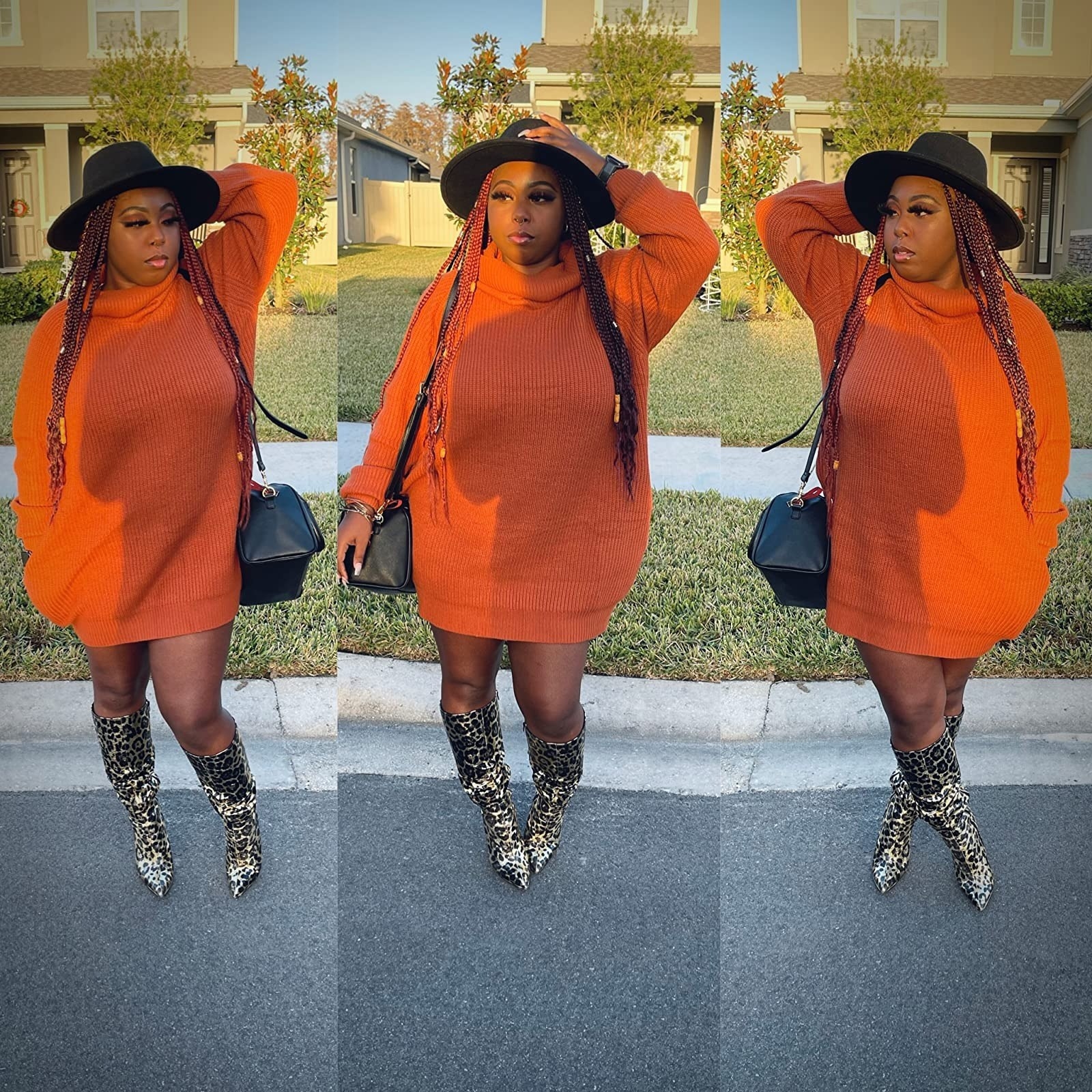reviewer wearing orange long-sleeve turtleneck dress with sheer tights and leopard-print boots