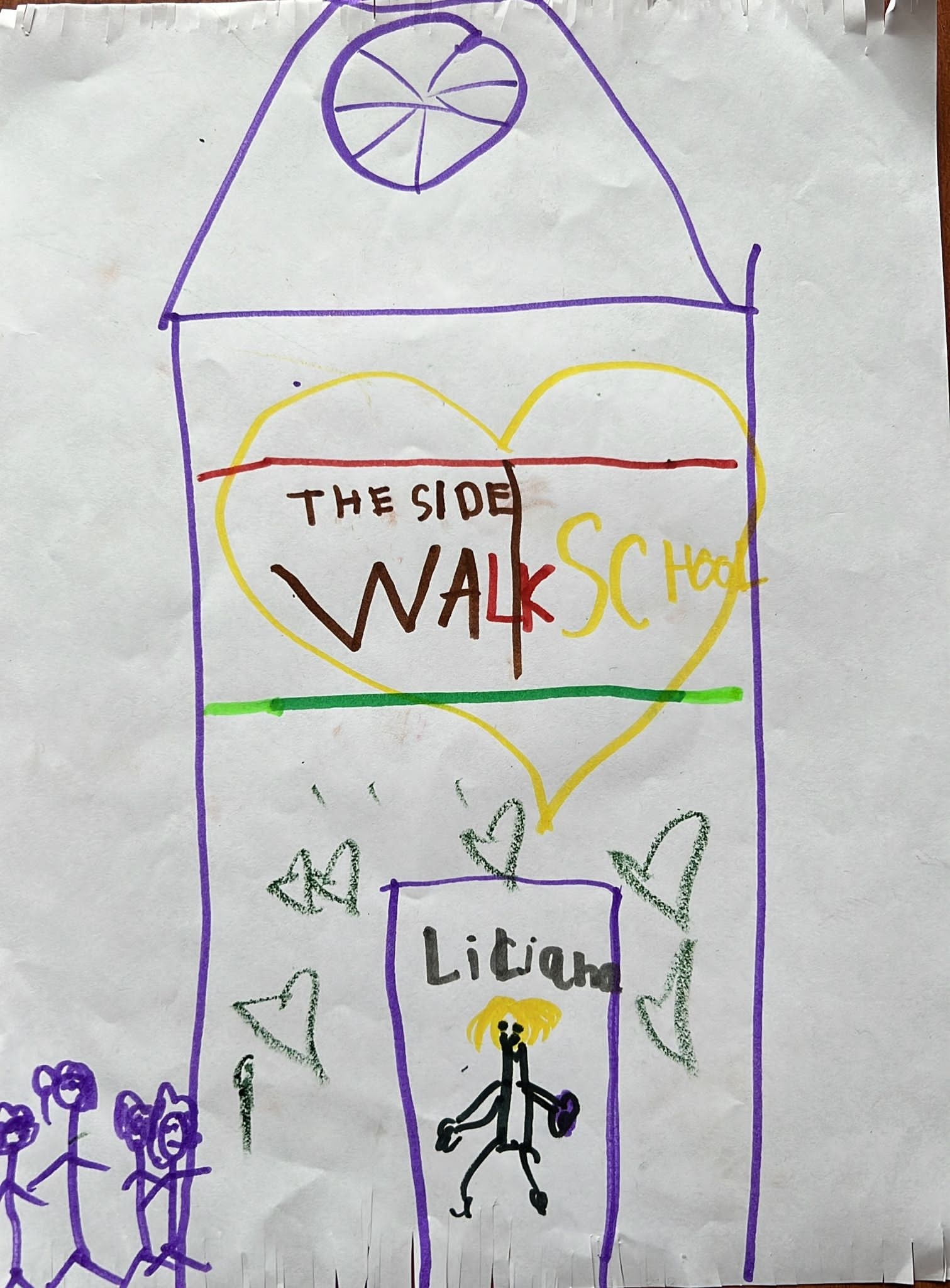 A child&#x27;s drawing that reads &quot;The Sidewalk School&quot;