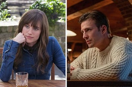 Allison Williams and Daniel Kaluuya sit at a patio table / Chris Evans in a white sweater stares intensely near four beer bottles on a table