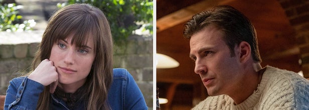 Allison Williams and Daniel Kaluuya sit at a patio table / Chris Evans in a white sweater stares intensely near four beer bottles on a table