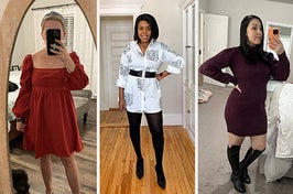 on left: reviewer in red square-neck long sleeve mini dress. in middle: reviewer in white button-down shirt dress with black script pattern and black tights. on right: reviewer in long sleeve dark purple sweater dress