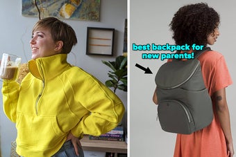 an oversized half zip sweatshirt, backpack for new parents