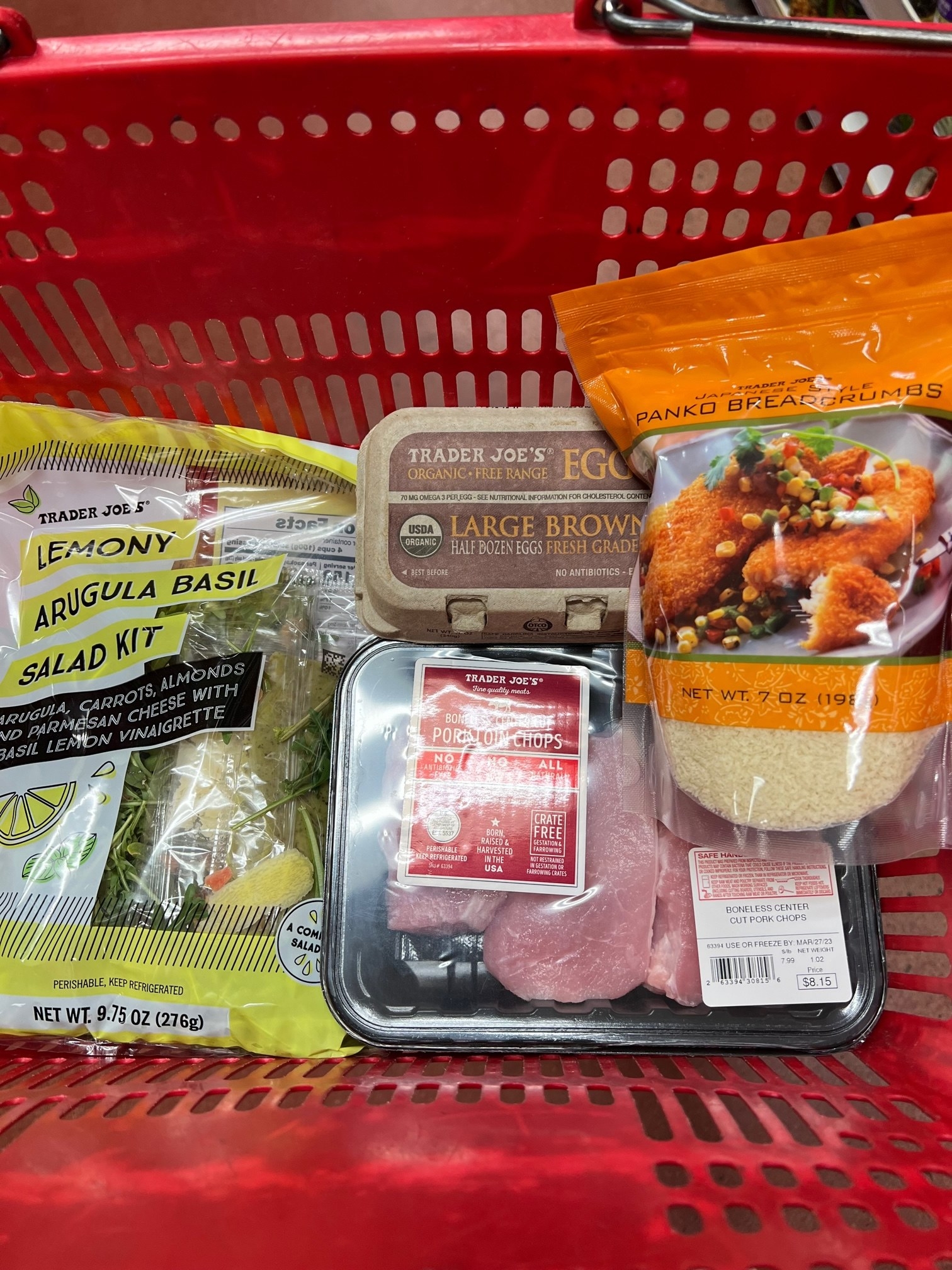 Pork chops, lemony arugula basil salad kit, panko, and eggs.