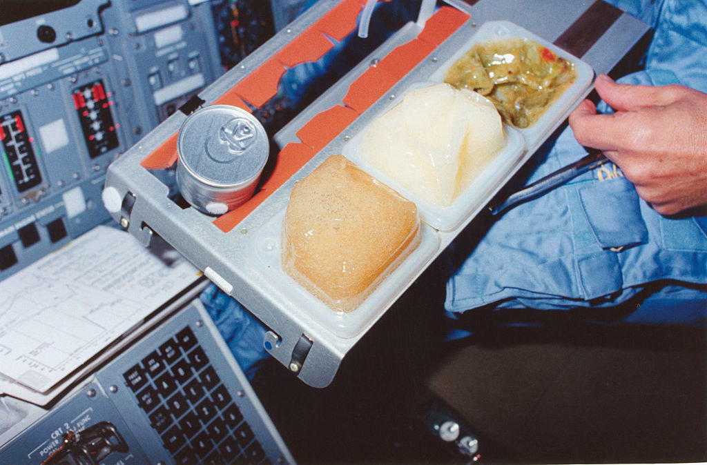 A tray of food in space