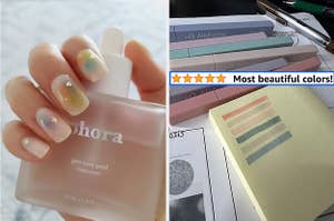 L: reviewer wearing pale pink-colored semi-cured gel mani strips R: soft pastel highlighters with reviewer quote "most beautiful colors"