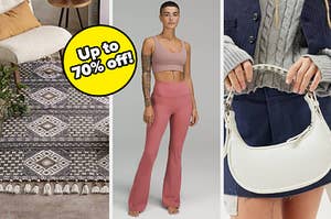 70% off a rug, a jogging outfit, handheld bag