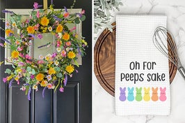 side by side photos of a floral wreath and a kitchen towel that reads "oh for peeps sake"