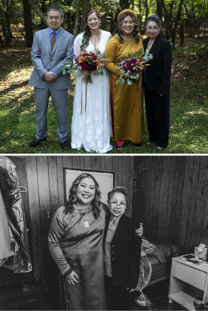 TOP: Kim with her wife and parents at her wedding, BOTTOM: Kim Thai and her mother on her wedding day