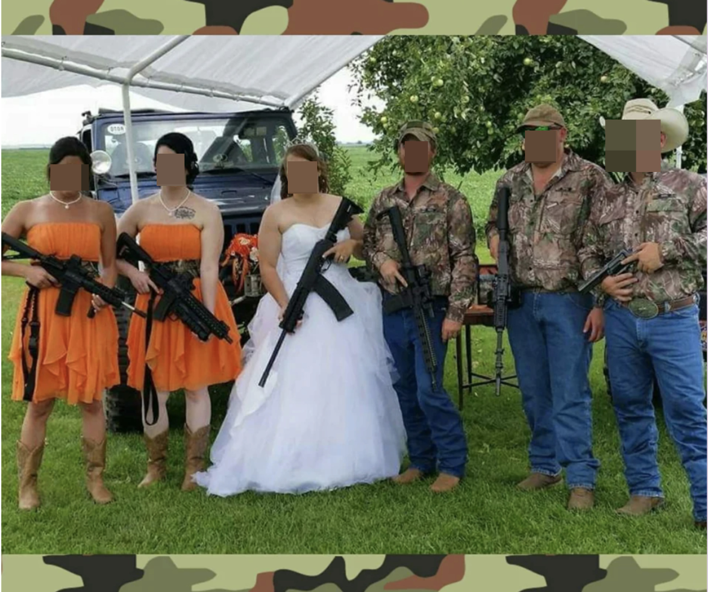 A bridal party holding assault rifles