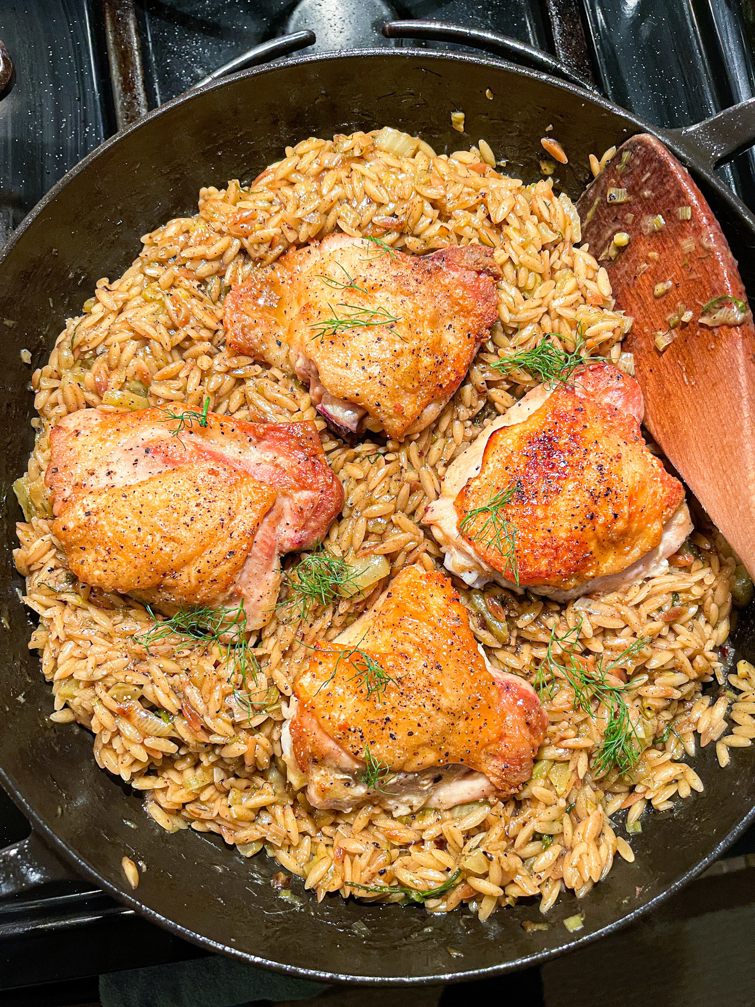Crispy chicken thighs in a skillet on top of orzo with fennel fronds for garnish.