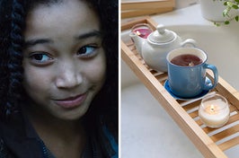 On the left, Rue from The Hunger Games, and on the right, a bubble bath with tea and candles next to it