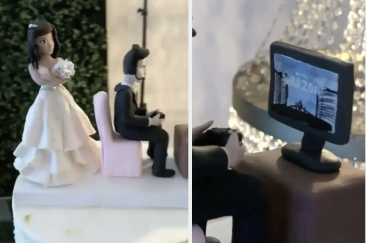Wedding cake toppers of the groom playing video games