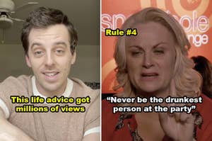 A side-by-side of a man in his room and Leslie Knope acting drunk in "Parks and Rec"
