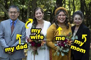 Kim with her wife and parents at her wedding.